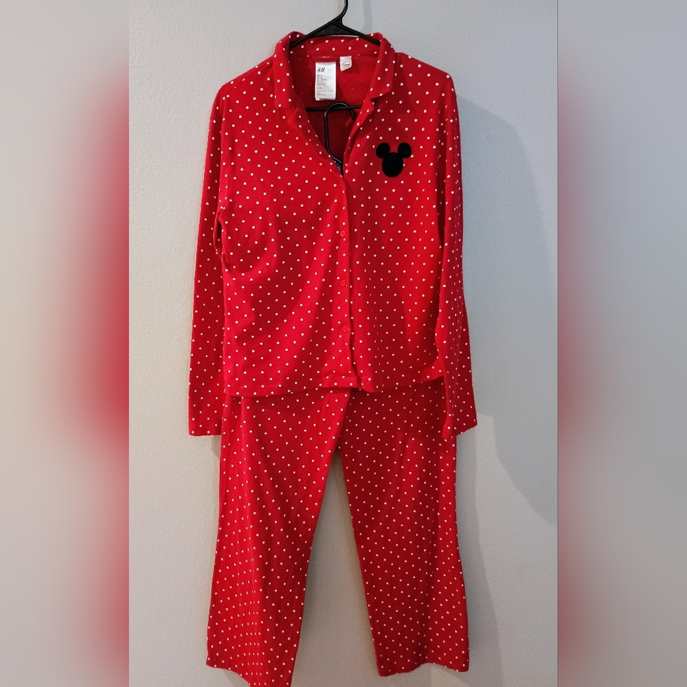 H&M Disney Red Polka Dot Mickey Mouse Pajama Set Button Front Top Pants S M